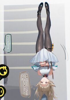 1girl absurdres arknights arknights:_endfield black_pantyhose black_shoes blue_eyes commentary_request crossed_arms dress film_grain grey_hair highres jacket long_hair off_shoulder open_clothes open_jacket pantyhose parted_lips perlica_(arknights) shoes sleeveless sleeveless_dress solo speech_bubble thought_bubble translation_request uof upside-down white_dress white_jacket