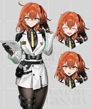 1girl black_gloves black_pantyhose bodystocking breasts closed_eyes closed_mouth commentary_request fate/grand_order fate_(series) fujimaru_ritsuka_(female) galibo gloves grey_background hair_between_eyes hand_up highres holding holding_tablet_pc long_sleeves medium_breasts medium_hair multiple_expressions open_mouth orange_hair pantyhose simple_background smile tablet_pc yellow_eyes