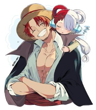 1boy 1girl ^_^ abs aged_down beard black_cape cape child closed_eyes collared_shirt crossed_arms facial_hair father_and_daughter hair_over_one_eye hashtag-only_commentary hat headphones highres iroha_(irh_art) multicolored_hair on_shoulder one_piece red_hair red_sash sash scar scar_across_eye scar_on_face shanks_(one_piece) shirt short_hair sleeping sleeves_rolled_up smile straw_hat twitter_username two-tone_hair uta_(one_piece) white_hair zzz