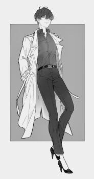 Rule 34 | 1boy, belt, black hair, black shirt, coat, commentary, english commentary, full body, greyscale, hands in pockets, hatching (texture), high heels, highres, kim dokja, looking at viewer, male focus, monochrome, naasmcuti2217, omniscient reader's viewpoint, open clothes, open coat, shirt, short hair, smile, solo, white coat