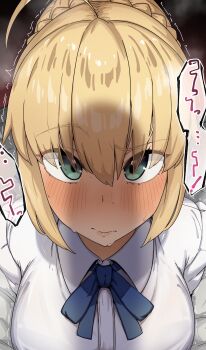 1boy 1girl absurdres ahoge artoria_pendragon_(fate) blonde_hair blush braid commentary_request fate/stay_night fate_(series) green_eyes hair_bun hetero highres imminent_fellatio imminent_irrumatio long_hair long_sleeves looking_at_penis looking_at_viewer penis_awe penis_shadow pov r-man raised_eyebrow ribbon saber_(fate) sweat trembling