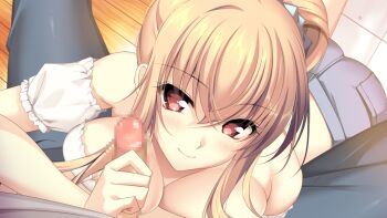 1boy 1girl ass blonde_hair breasts censored cleavage denim detached_sleeves from_above game_cg handjob hetero jeans kneeling large_breasts long_hair looking_at_viewer pants penis ponytail pov red_eyes smile taguchi_momoka tonari_no_love_juice yoppy