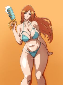 1girl alternate_costume aqua_bikini bikini bleach bleach:_epilogue breasts colorized curvy greyscale highres inoue_orihime large_breasts long_hair looking_at_viewer mature_female monochrome networdnn official_alternate_costume orange_background orange_eyes orange_hair rakusakugk shiny_skin simple_background smile string_bikini swimsuit thick_thighs thighs thong thong_bikini water_gun wide_hips