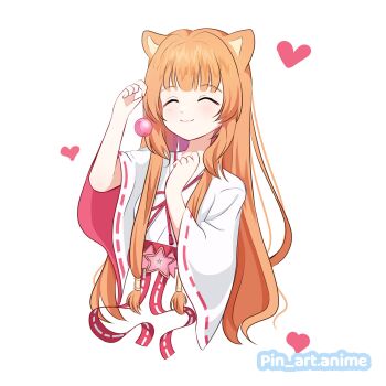 1girl ^_^ animal_ears artist_name blunt_bangs closed_eyes closed_mouth commentary commission cropped_torso english_commentary hands_up heart highres holding long_hair long_sleeves orange_hair pin_artanime raccoon_ears raccoon_girl raphtalia red_ribbon red_sash ribbon ribbon-trimmed_sleeves ribbon_trim sash simple_background smile solo tate_no_yuusha_no_nariagari upper_body white_background white_kosode wide_sleeves