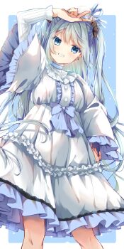 1girl absurdres blue_background blue_bow blue_eyes blue_hair blush border bow center_frills colored_eyelashes commentary_request dress frilled_dress frills hat highres long_hair looking_at_viewer mini_hat mini_top_hat original solo teeth tojo_(natumi1412) top_hat very_long_hair white_border white_dress white_hat