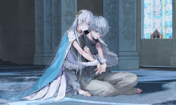 1boy 1girl anastasia_(fate) anastasia_(lostbelt)_(fate/grand_order) bags_under_eyes barefoot blue_cloak blue_eyes blush chinese_commentary cloak commentary_request dress eyes_visible_through_hair fate/grand_order fate_(series) from_side fur-trimmed_jacket fur_trim gold_choker gold_hairband grey_hair grey_pants hairband heads_together highres hug hug_from_behind indian_style indoors jacket kadoc_zemlupus long_hair palace pants royal_robe shiliu_xian_xian_xian short_hair sitting straight_hair toes very_long_hair white_dress white_hair yellow_eyes