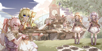 6+girls absurdres apron boots bow braid caterpillar_tracks clock clock_tower combat_boots daiyousei dress fairy fairy_maid_(touhou) fairy_wings gloves green_hair gun hair_bow highres hong_meiling long_hair maid maid_headdress mansion military military_vehicle motor_vehicle multiple_girls open_mouth pzgr.40 red_eyes rifle scarlet_devil_mansion short_hair side_ponytail sig_mcx signature sky tank target_practice touhou tower twin_braids weapon wings