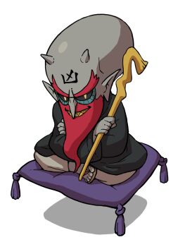 Rule 34 | 1boy, bald, beard, big head, black kimono, black sclera, colored sclera, colored skin, demon boy, facial hair, floating, full body, grey skin, grin, highres, holding, holding staff, indian style, japanese clothes, kimono, long beard, official art, on pillow, pointy ears, red hair, sandals, sharp teeth, simple background, sitting, small horns, smile, solo, staff, teeth, third-party source, white background, yamimaro, youkai (youkai watch), youkai watch