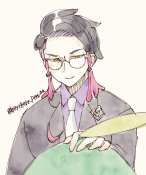 Rule 34 | colored skin, commentary request, corbeau (pokemon), eyewear strap, gen 3 pokemon, glasses, green skin, gulpin, necktie, nintendo, parted hair, peruna, pokemon, pokemon (creature), purple shirt, round eyewear, shirt, smile, tagme, undercut, white necktie, yellow eyes