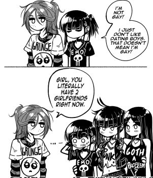 Rule 34 | 2koma, 4girls, bare shoulders, belt, choker, closed eyes, clothes writing, collar, comic, corrupted twitter file, crop top, ear piercing, emo-girl (grs-), emo fashion, english text, freckles, goth-girl (grs-), goth fashion, greyscale, grs-, grunge-girl (grs-), grunge (genre), hands on another's waist, highres, long hair, long sleeves, medium hair, midriff, monochrome, multiple girls, no mouth, o o, original, piercing, polygamy, ponytail, punk-girl (grs-), sad, shirt, short hair, simple background, sleeveless, spiked belt, spiked collar, spiked jacket, spikes, t-shirt, white background, yuri