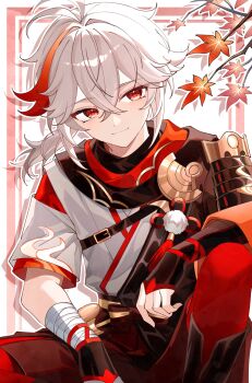 1boy armor bandaged_arm bandages black_gloves closed_mouth commentary_request crossed_bangs fingerless_gloves genshin_impact gloves grey_kimono hair_between_eyes highres japanese_armor japanese_clothes kaedehara_kazuha kimono kuro774_n leaf male_focus maple_leaf multicolored_hair pom_pom_(clothes) ponytail red_eyes red_hair shoulder_armor single_sode smile sode solo streaked_hair tassel white_hair