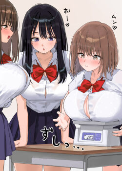 3girls black_hair blush bra bra_visible_through_clothes breasts brown_eyes brown_hair button_gap collared_shirt commentary_request kaisen_chuui large_breasts long_hair multiple_girls open_mouth original pleated_skirt polka_dot polka_dot_bra purple_skirt school_uniform shirt short_hair skirt table underwear white_shirt