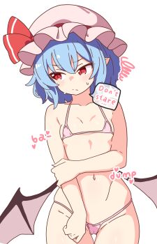 bat_wings bikini blue_hair bow commentary_request embarrassed flat_chest hair_ornament hat highres korra_down micro_bikini mob_cap navel paid_reward_available pink_bikini red_bow red_eyes remilia_scarlet short_hair simple_background sweat swimsuit touhou white_background wings