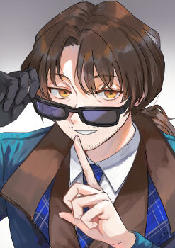 1boy adjusting_eyewear alternate_costume argyle_clothes beard_stubble black-framed_eyewear black-framed_glasses black_gloves blue_coat blue_jacket blue_necktie brown_hair brown_trim brown_vest close-up coat collared_shirt dress_shirt eyes_visible_through_hair facial_hair finger_to_mouth formal_clothes glasses gloves gregor_(project_moon) grin hair_between_eyes hair_intakes half-closed_eyes hands_up highres holding holding_removed_eyewear index_finger_raised jacket kikkoinu limbus_company long_hair long_sleeves looking_at_viewer looking_to_the_side low_ponytail male_focus necktie official_alternate_costume open_clothes open_mouth parted_bangs parted_lips photoshop_(medium) plaid_clothes plaid_necktie ponytail portrait project_moon rectangular_eyewear sanpaku shirt short_hair shushing simple_background single_glove smile smirk smug solo stubble suit suit_jacket sunglasses teeth tinted_eyewear two-sided_fabric undershirt unworn_eyewear upper_body vest white_background white_shirt wing_collar yellow_eyes zwei_association_south_uniform