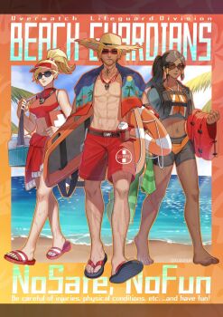 Rule 34 | 1boy, 2girls, abs, artist name, barefoot, beach, beard, blonde hair, blue-tinted eyewear, breasts, brown-tinted eyewear, cassidy (overwatch), clenched hand, dark-skinned female, dark skin, day, english text, facial hair, full body, hat, high ponytail, highres, holding, kuzunue, large breasts, lifeguard, lifeguard cassidy, lifeguard mercy, lifeguard pharah, looking at viewer, medium breasts, mercy (overwatch), miniskirt, multiple girls, navel, official alternate costume, outdoors, overwatch, overwatch 1, overwatch 2, pharah (overwatch), ponytail, red shorts, sandals, scar, scar on leg, short hair, shorts, skirt, sunglasses, tinted eyewear, whistle, whistle around neck