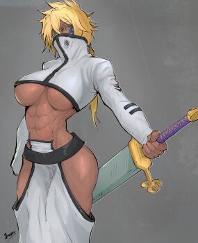 Rule 34 | 1girl, abs, artist name, bleach, blonde hair, breasts, clothing cutout, colored eyelashes, dark-skinned female, dark skin, espada, facial mark, female focus, green eyes, grey background, hip vent, holding, holding sword, holding weapon, juggler (sun juggler), large breasts, medium hair, navel, simple background, solo, solo focus, standing, stomach, sword, thighs, tier harribel, underboob, weapon