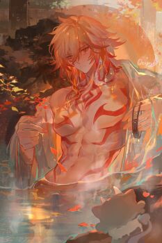 1boy abs absurdres arm_tattoo armlet blonde_hair blue_gem blush chest_tattoo chimera_(honkai:_star_rail) commentary earrings facial_tattoo gem gold_earrings gold_necklace gradient_hair highres honkai:_star_rail honkai_(series) jewelry large_pectorals male_focus medium_hair multicolored_hair mydei_(honkai:_star_rail) necklace open_clothes open_robe partially_submerged pectorals petals petals_on_liquid phainon_(honkai:_star_rail) phainon_(vigethos)_(honkai:_star_rail) red_hair red_tattoo robe see-through_robe solo symbol-only_commentary tattoo toned toned_male white_robe yellow_eyes yuqiu777