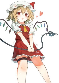 1girl :d ar_(maeus) ascot blonde_hair commentary_request cowboy_shot flandre_scarlet hat hat_ribbon heart highres holding holding_polearm holding_weapon laevatein_(touhou) looking_at_viewer medium_hair mob_cap open_mouth polearm puffy_short_sleeves puffy_sleeves red_eyes red_ribbon red_skirt red_vest ribbon shirt short_sleeves simple_background skirt smile solo thigh_strap touhou vest weapon white_background white_shirt wings yellow_ascot