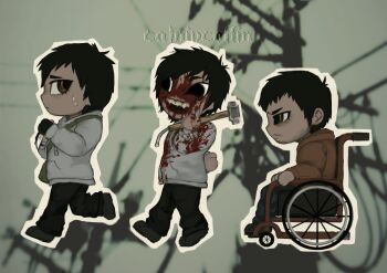 Rule 34 | 3boys, :d, arm behind back, beard stubble, black eyes, black gloves, black hair, catnipcoffin, chibi, chibi only, crazy grin, cry of fear, facial hair, fingerless gloves, from side, full body, gloves, grey hoodie, highres, holding, holding knife, holding weapon, hood, hood down, hoodie, knife, looking back, male focus, multiple boys, multiple persona, narrowed eyes, open mouth, orange hoodie, over shoulder, short hair, simon henriksson, simon henriksson (book), slouching, smile, stubble, sweatdrop, walking, weapon, weapon over shoulder, wheelchair