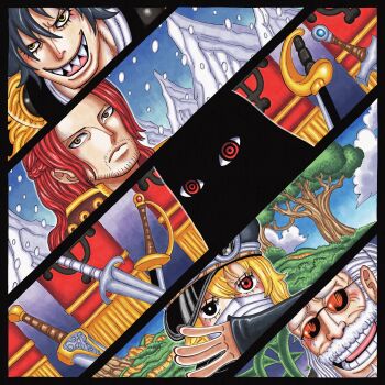 1girl 1other 3boys black_eyes black_hair blonde_hair closed_mouth eyed_silhouette facial_hair figarland_shamrock goatee_stubble goggles goggles_on_headwear gunko heterochromia highres imu_(one_piece) jolsuke long_hair long_sleeves mask mouth_mask multiple_boys mustache mustache_stubble one_piece open_mouth red_eyes red_hair rimoshifu_killingham ringed_eyes rogatywka sharp_teeth shepherd_sommers short_hair silhouette smile snowing stubble sunglasses sword teeth thorns upper_teeth_only weapon white_hair yellow_eyes