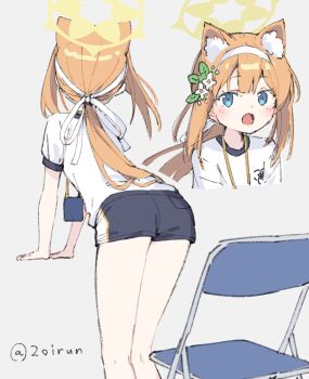 1girl :o animal_ears ass black_shorts blue_archive blue_eyes chair commentary_request dot_nose dress flower folding_chair grey_background gym_shirt halo highres lanyard long_hair mari_(blue_archive) mari_(track)_(blue_archive) multiple_views open_mouth orange_hair pink_dress shirt short_shorts short_sleeves shorts simple_background standing twitter_username white_shirt yellow_halo zoirun