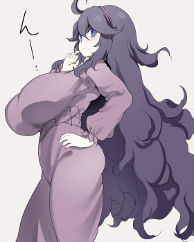 Rule 34 | 1girl, @ @, ahoge, alternate breast size, blue eyes, blush, breasts, commentary request, cowboy shot, dress, from side, frown, hairband, hand on own hip, hex maniac (pokemon), hex maniac (pokemon xy), highres, huge breasts, impossible clothes, kedamono kangoku-tou, long hair, looking at viewer, messy hair, nail polish, nintendo, pale skin, pink hairband, pink nails, plump, pokemon, pokemon xy, purple dress, purple hair, purple hairband, thinking, translated, very long hair, white background