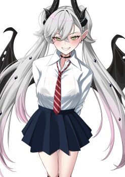 1girl absurdres blue_skirt blush body_markings breasts choker collared_shirt commentary_request crossed_bangs demon_girl demon_horns demon_wings ear_piercing fate/grand_order fate_(series) green_eyes grey_hair grin hair_between_eyes highres horns large_breasts lilith_(fate) long_hair long_sleeves looking_at_viewer necktie nigori_(keydoor) piercing pointy_ears shirt skirt smile solo thighs twintails very_long_hair white_shirt wings