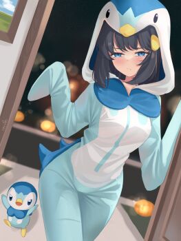 1girl beak bird black_hair blue_eyes blue_hair blush breasts closed_mouth cosplay costume dawn_(pokemon) door gen_4_pokemon grass hair_ornament hairclip halloween highres hood hood_up jack-o&#039;-lantern long_hair long_sleeves looking_at_viewer nintendo onesie penguin picture_frame piplup piplup_(cosplay) pokemon pokemon_(creature) pokemon_dppt revvie road scowl sidewalk street wide_hips