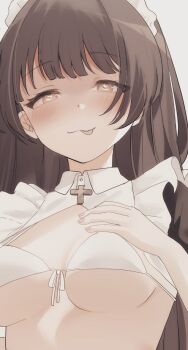 1girl :p black_hair bra breasts brown_eyes closed_mouth commentary_request commission cross dot_nose grey_background hand_on_own_chest heart heart-shaped_pupils highres hiizumi_rinne long_hair looking_at_viewer maid maid_headdress medium_breasts sakura_no_sekai simple_background solo symbol-shaped_pupils tongue tongue_out tsuruse underboob underwear upper_body white_bra
