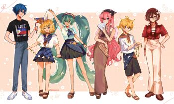 2boys 4girls :d ;d absurdres aqua_eyes aqua_hair aqua_nails arm_up black_shirt black_shorts black_skirt blonde_hair blue_eyes blue_hair blue_pants border bow bracelet breasts brown_dress brown_eyes brown_hair brown_shoes closed_mouth clothes_writing collared_shirt commentary dress english_commentary english_text flag flower folding_fan full_body hair_between_eyes hair_bow hair_flower hair_ornament hairclip hand_fan hand_on_own_hip hatsune_miku highres holding holding_fan holding_flag jewelry kagamine_len kagamine_rin kaito_(vocaloid) long_hair megurine_luka meiko_(vocaloid) multiple_boys multiple_girls nail_polish one_eye_closed open_mouth pants philippine_flag philippines pink_hair see-through_clothes see-through_sleeves shirt shoes short_hair shorts skirt smile spiked_hair sshooooe standing t-shirt toenail_polish toenails toes twintails twitter_username very_long_hair vocaloid white_border white_bow white_flower white_pants white_shirt white_shoes