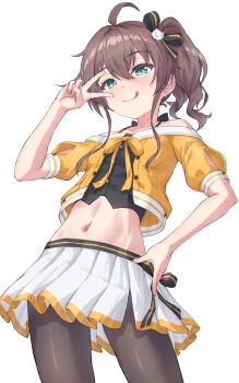 :d ahoge black_camisole black_pantyhose blush breasts brown_hair camisole cat_hair_ornament cowboy_shot cropped_jacket green_eyes hair_ornament hand_on_own_hip highres hololive jacket natsuiro_matsuri natsuiro_matsuri_(1st_costume) navel off-shoulder_jacket off_shoulder open_mouth orange_jacket pantyhose pinstripe_camisole pinstripe_pattern qussie side_ponytail simple_background skirt small_breasts smile spaghetti_strap stomach v v_over_eye virtual_youtuber white_background white_skirt