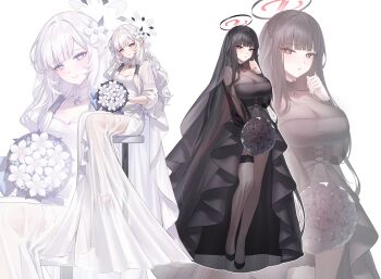 2girls :o absurdres alternate_costume bar_stool black_dress black_flower black_hair blue_archive blunt_bangs blush bouquet breasts bridal_veil cleavage dress earclip flower full_body grey_eyes hair_flower hair_ornament hair_tubes halo highres himari_(blue_archive) holding holding_bouquet large_breasts long_hair long_sleeves looking_at_viewer low-tied_sidelocks mole mole_under_eye multiple_girls pointy_ears raki_kr red_eyes rio_(blue_archive) see-through_cleavage see-through_clothes see-through_dress sidelocks simple_background sitting small_breasts smile stool straight_hair thigh_strap thighhighs toeless_legwear veil very_long_hair wedding_dress white_background white_dress white_flower white_hair white_thighhighs white_veil zoom_layer