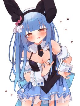 1girl absurdres animal_ears black_leotard black_necktie blue_garter_straps blue_hair blue_skirt blush breasts cleavage closed_mouth commentary_request fake_animal_ears highres hololive leotard long_hair looking_at_viewer medium_breasts necktie official_alternate_costume orange_eyes rabbit_ears short_eyebrows skirt solo tepenchi tongue tongue_out usada_pekora usada_pekora_(furi_furi_bunny_dress) very_long_hair virtual_youtuber white_wrist_cuffs wrist_cuffs