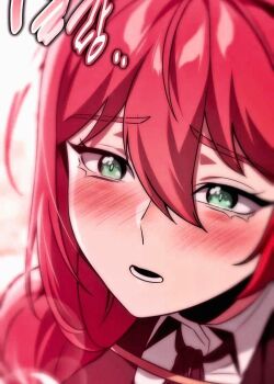 1girl ahoge blush bow bowtie cloak green_eyes hair_between_eyes highres hood hooded_cloak lortelle_kecheln non-web_source open_mouth red_hair solo the_extra's_academy_survival_guide