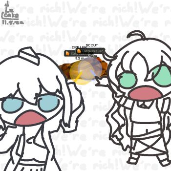 2girls ahoge arknights artist_name blue_eyes chibi commentary dated deep_rock_galactic driller_(deep_rock_galactic) durin_(arknights) english_commentary english_text gameplay_mechanics gold green_eyes laser laser_pointer looking_at_viewer lzcake meme midriff monochrome multiple_girls myrtle_(arknights) open_mouth parody pointing pointing_backward scout_(deep_rock_galactic) screenshot_inset signature spot_color text_background two_soyjaks_pointing_(meme) white_background