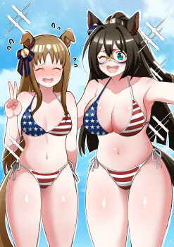 Rule 34 | 2girls, absurdres, american flag, american flag bikini, american flag print, animal ears, aramori susumu, bikini, blue sky, blush, breasts, brown hair, closed eyes, commentary, day, domino mask, ear ornament, el condor pasa (umamusume), eye mask, flag print, flag print bikini, flying sweatdrops, grass wonder (umamusume), hand up, high ponytail, highres, horse ears, horse girl, horse tail, large breasts, long hair, mask, medium breasts, multiple girls, navel, nose blush, ocean, one eye closed, open mouth, outdoors, ponytail, print bikini, side-tie bikini bottom, sky, smile, swimsuit, tail, teeth, thighs, umamusume, upper teeth only, v, water