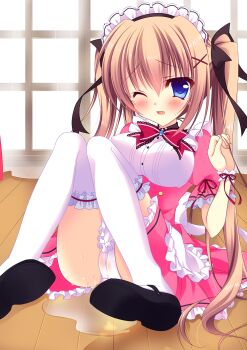 1girl apron black_ribbon black_shoes blue_eyes blush bow bowtie breasts brown_hair cameltoe commentary_request covered_erect_nipples dress fallen_down frilled_apron frilled_dress frilled_wrist_cuffs frills full_body hair_ornament hair_ribbon highres indoors lace-trimmed_bow lace_trim large_breasts long_hair maid mary_janes nanaki_utsugi on_floor one_eye_closed open_mouth original panties pantyshot pink_dress puddle puffy_short_sleeves puffy_sleeves raised_inner_eyebrows red_bow red_bowtie ribbon shoes short_sleeves solo spill tearing_up thighhighs top_of_moe_2015 twintails underwear very_long_hair white_apron white_panties white_thighhighs white_wrist_cuffs wooden_floor wrist_cuffs x_hair_ornament yuri