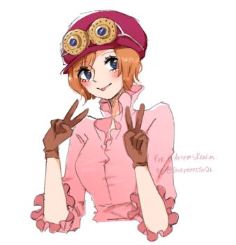 1girl blue_eyes brown_hair commentary double_v english_commentary goggles goggles_on_head hat highres koala_(one_piece) looking_to_the_side one_piece pink_shirt ria_(917_ria) shirt short_hair simple_background solo tongue tongue_out twitter_username v white_background