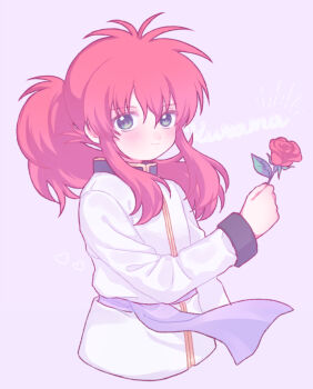 Rule 34 | 1boy, bishounen, character name, commentary request, cropped torso, flower, green eyes, heart, holding, holding flower, jacket, kurama (yu yu hakusho), light smile, long hair, looking at viewer, male focus, morishi (bearxforest), ponytail, purple background, purple sash, red hair, rose, sash, sidelocks, sleeve cuffs, solo, upper body, white jacket, yuu yuu hakusho