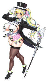 +_+ 1girl aqua_eyes aqua_hair black_hat blonde_hair breast_curtains breasts cane character_request choukou_(alicesoft) choukou_taisen_escalation_heroines commentary_request full_body hat large_breasts long_hair looking_at_viewer multicolored_hair open_mouth ponytail showgirl_skirt skindentation skirt smile solo tachi-e tailcoat thighhighs top_hat tsuji_santa two-tone_hair underboob