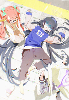 3girls absurdres alternate_costume bags_under_eyes black_hair blue_archive bm_tol brown_halo brown_pants closed_eyes commentary drooling glasses halo highres jitome long_hair long_sleeves multiple_girls on_ground open_mouth orange_hair outdoors pants purple_halo semi-rimless_eyewear shimiko_(blue_archive) sleeves_past_wrists slippers socks suzumi_(blue_archive) twintails ui_(blue_archive) under-rim_eyewear very_long_hair white_halo yellow_socks