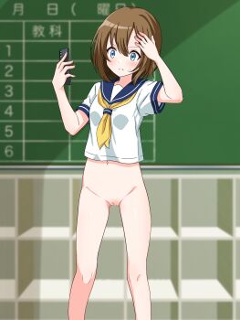 1girl absurdres bar_censor blue_eyes blue_sailor_collar blurry blurry_background blush bottomless brown_hair cellphone censored chalkboard cleft_of_venus closed_mouth commentary_request crop_top double-parted_bangs feet_out_of_frame frown hands_up highres holding holding_phone humiliation navel neckerchief original phone public_indecency public_nudity pussy rpca sailor_collar sailor_shirt school_uniform shirt short_hair short_sleeves smartphone solo split_mouth standing variant_set white_shirt yellow_neckerchief