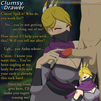 1boy 1girl artist_logo artist_name blonde_hair blue_eyes blurry blurry_background breasts breeze_dancer cleavage clumsydrawer english_text erection eyeshadow face_mask forest interrogation large_breasts lipstick logo looking_at_another makeup mask masked narrowed_eyes naruto_(classic) naruto_(series) naruto_online nature ninja outdoors penis pink_eyeshadow pink_lips poking_penis reference_inset self-upload sound_effects standing talking teasing testicles text_focus updo watermark web_address