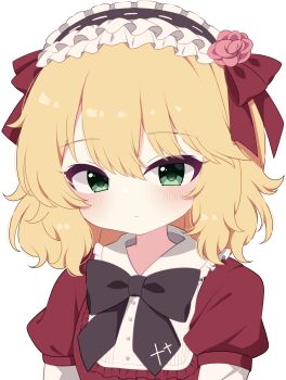 1girl :| absurdres black_bow black_bowtie blonde_hair blush bow bowtie closed_mouth commentary_request dress frilled_hairband frills green_eyes hairband highres idolmaster idolmaster_cinderella_girls lolita_fashion looking_at_viewer maju_risa medium_hair red_dress sakurai_momoka solo sweet_lolita upper_body