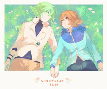 2boys black_pants blue_jacket brown_eyes brown_hair character_name closed_mouth collared_shirt dated day eye_contact flower grass green_hair happy highres hilbert_(pokemon) holding_hands jacket long_hair looking_at_another lying male_focus multiple_boys n_(pokemon) nintendo on_back outdoors pants pokemon pokemon_bw shirt smile tarai_(yamadarairai) undershirt wristband zipper_pull_tab