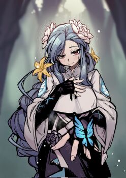 1girl amaya_5321 asymmetrical_bangs black_gloves blue_hair blurry blurry_background blush braid breasts closed_mouth dizzy_(guilty_gear) elbow_gloves fingerless_gloves flower gloves guilty_gear guilty_gear_strive hair_flower hair_ornament highres long_hair looking_at_viewer medium_breasts red_eyes smile solo swept_bangs tunic upper_body very_long_hair