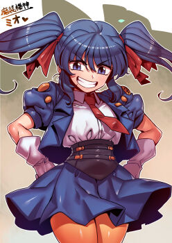 1girl blue_eyes blue_hair gloves highres long_hair looking_at_viewer mio_sasuga necktie orange_pantyhose pantyhose skirt smile solo super_robot_wars super_robot_wars_original_generation super_robot_wars_the_lord_of_elemental tukiwani twintails