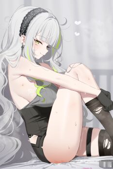 1girl adjusting_clothes adjusting_legwear armpits artist_name black_gloves black_hairband black_thighhighs blunt_bangs blush breasts clothed_after_sex commentary_request condom condom_wrapper cum cum_on_body cum_on_legs deyui earrings firenze_(stella_sora) gloves green_eyes green_hair grey_hair hairband heart highres indoors jewelry knee_up lace-trimmed_hairband lace_trim large_breasts long_hair looking_at_viewer male_pubic_hair mole mole_under_eye multicolored_hair multiple_moles profile pubic_hair sideboob sideways_glance sitting smile solo spanked steaming_body stella_sora stray_pubic_hair streaked_hair sweat thigh_strap thighhighs torn_clothes torn_thighhighs two-tone_hair very_long_hair