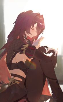 1girl absurdres black_dress black_gloves black_pantyhose breasts brown_hair closed_eyes closed_mouth clothing_cutout commentary dress eden_(honkai_impact) fetal_position gloves highres honkai_(series) honkai_impact_3rd knees_up large_breasts long_hair nareusii pantyhose side_cutout solo symbol-only_commentary unworn_gloves very_long_hair