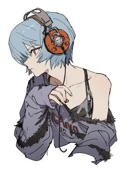 1girl absurdres audio_cable ayanami_rei black_tank_top blue_hair brown_eyes cable chinese_commentary closed_mouth collarbone commentary_request cropped_torso fur_trim headphones highres jacket long_sleeves neon_genesis_evangelion open_clothes open_jacket profile red_eyes short_hair simple_background single_bare_shoulder single_off_shoulder sleeves_past_wrists solo tank_top upper_body white_background zhibuji_loom
